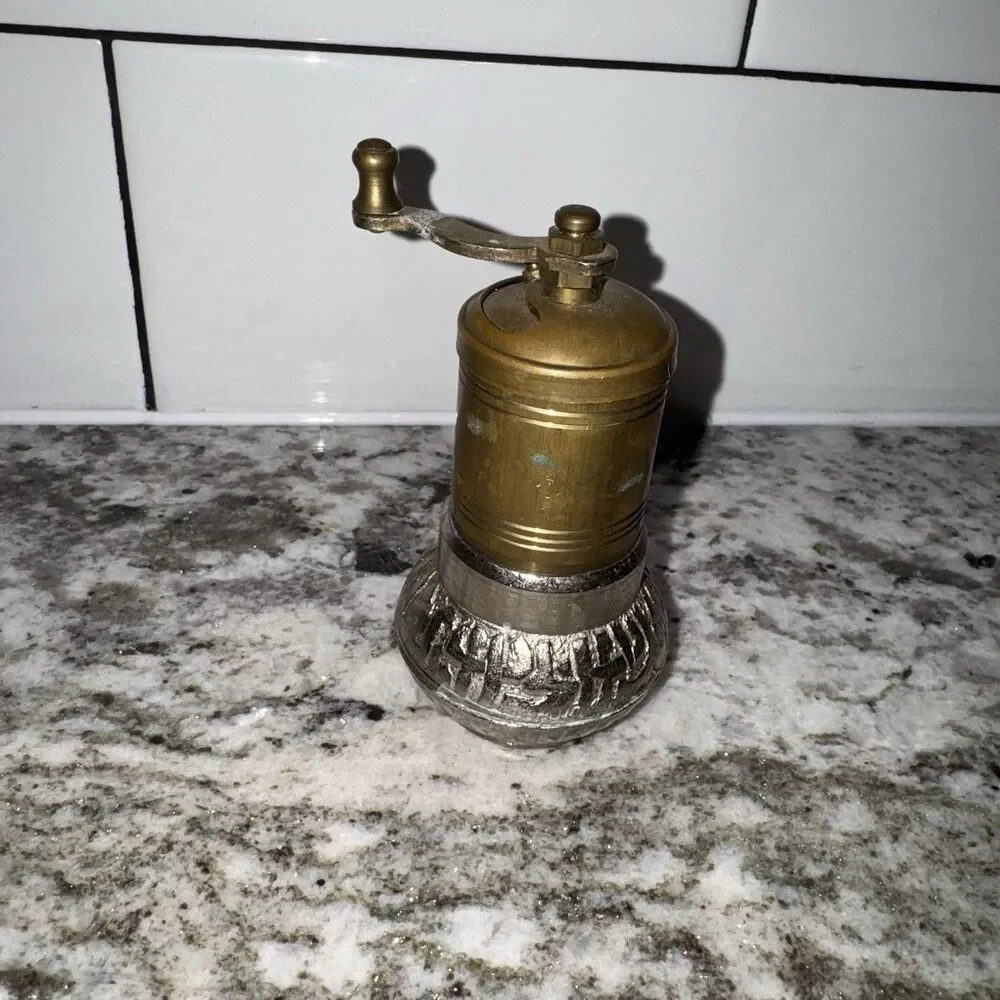 Vintage Brass Pepper Mill Grinder Hand Crank Ornate Metal Base Manual Spice Mill